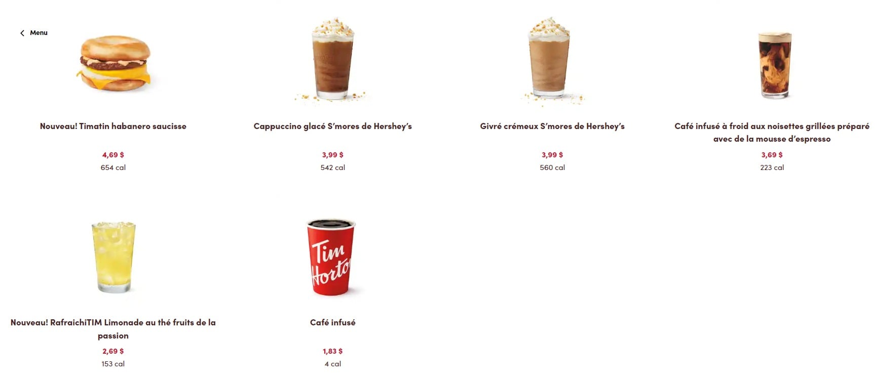 Tim Hortons Menu Québec