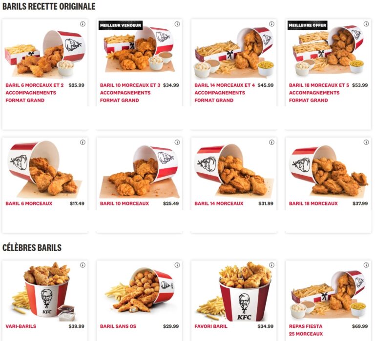 PFK Menu Prix Québec